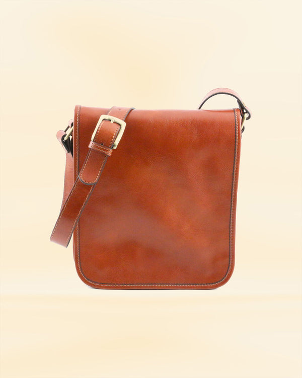 Stylish leather two compartment vertical messenger bag for everyday use