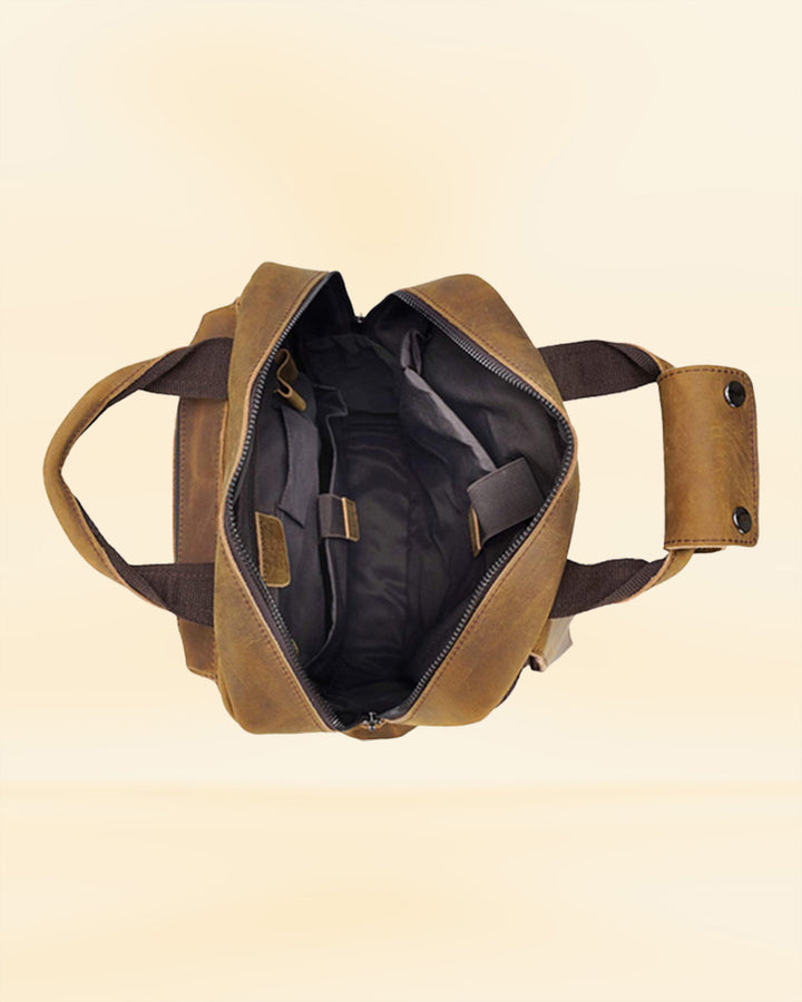 The high-quality leather finish of our multi pocket daypack, designed for the American market