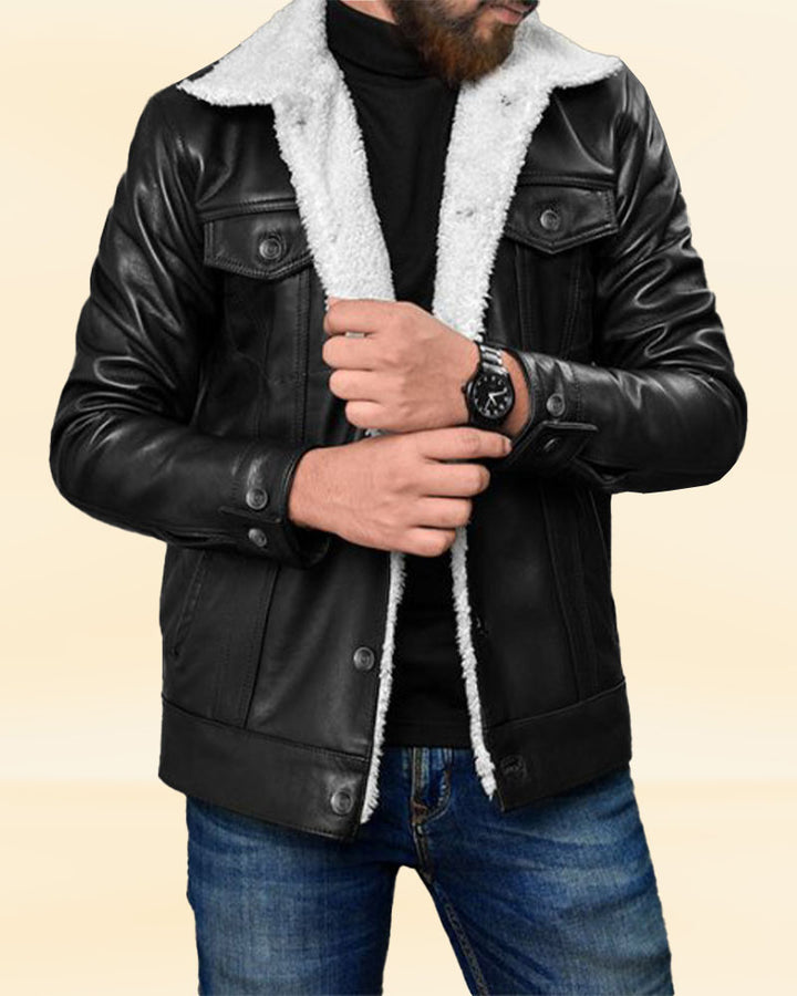 "Luxurious faux fur Sherpa lining in a leather jacket in USA"