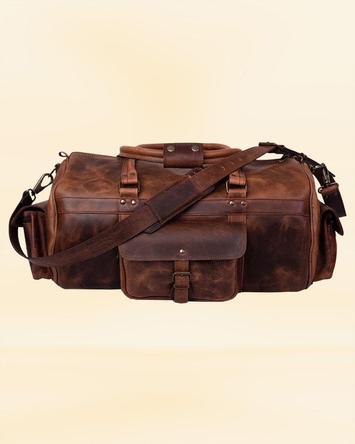 The interior of our leather duffle bag, designed to keep your items organized for the American traveler