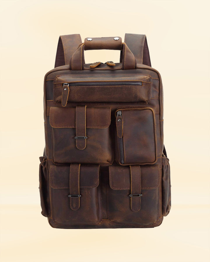 A stylish and functional leather multi pocket daypack, perfect for the American market