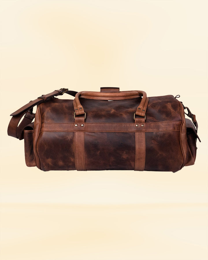 Our leather duffle bag in a travel setting, ideal for the American traveler looking for a stylish and functional bag