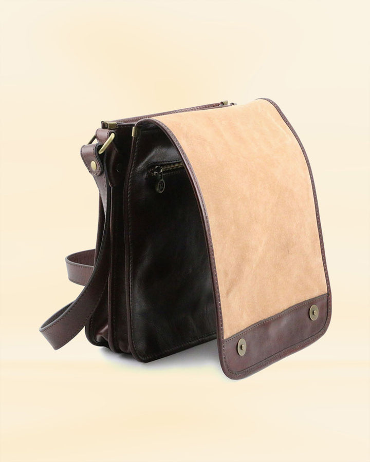 Leather messenger bag with two compartments and a sleek, modern design