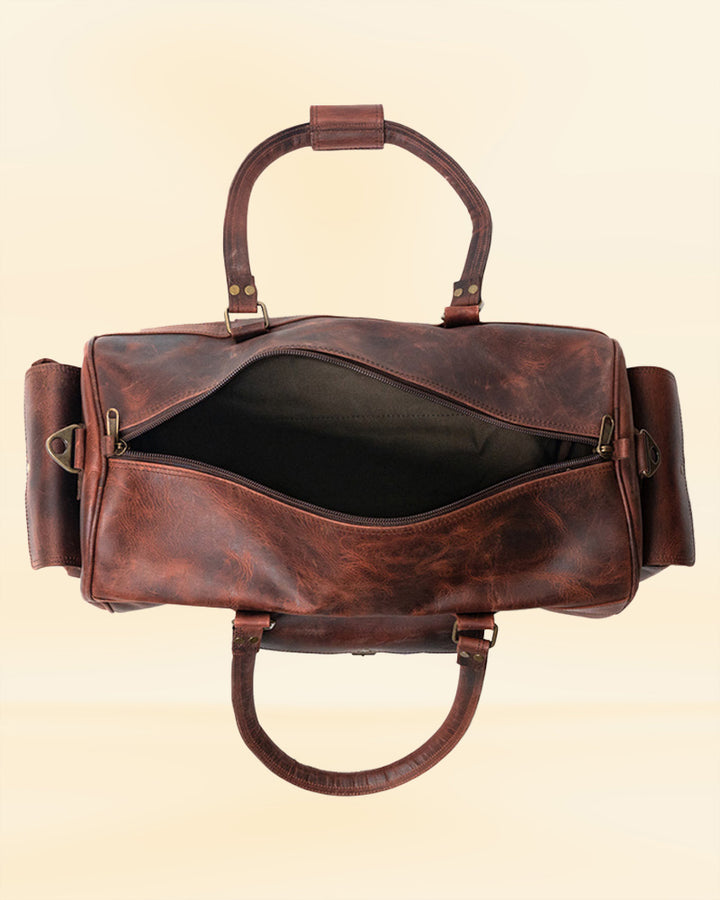 A front and back view of our leather duffle bag, showing its functionality and design for the American market