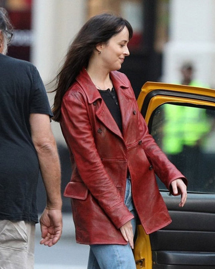Step up your fashion game with Dakota Johnson's Madame leather coat in USA market