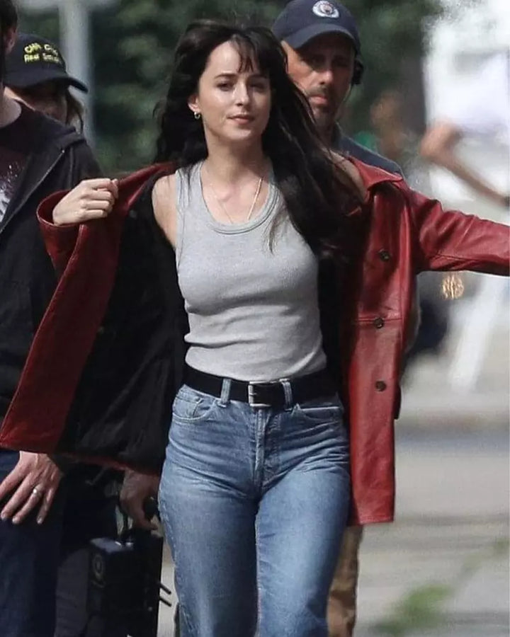 Stay cozy and trendy with Dakota Johnson's Madame leather coat - perfect for any occasion in USA market