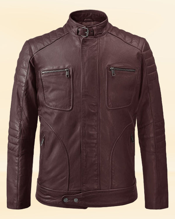 Moto burgundy biker leather jacket for sale in the USA