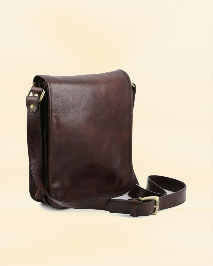 High-quality leather messenger bag with two compartments and a vertical design