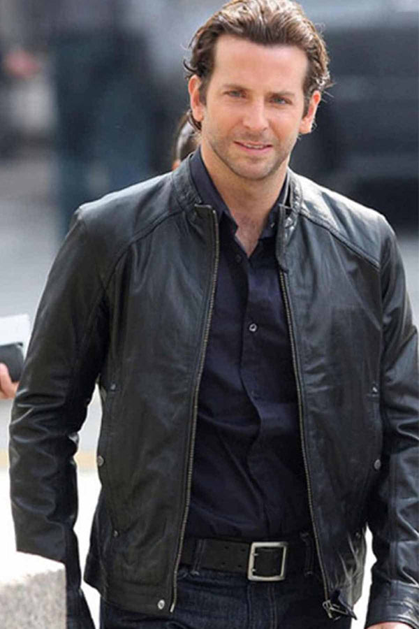 Bradley Cooper donning a sleek black leather jacket in USA market
