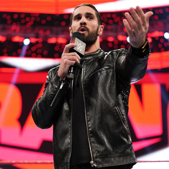 Trendy black leather jacket worn by Seth Rollins in WWE in American style