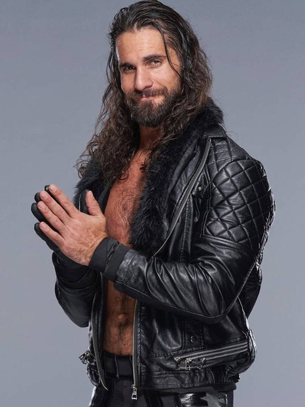 Stylish black leather jacket with faux shearling collar worn by Seth Rollins in WWE in American style