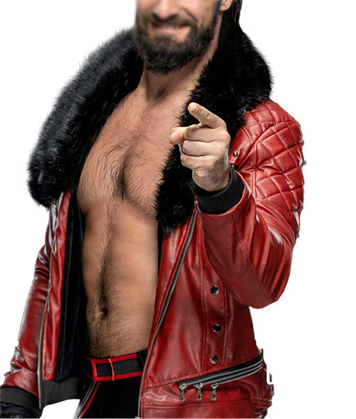 Fashionable WWE Seth Rollins leather jacket with faux shearling collar in black in US market