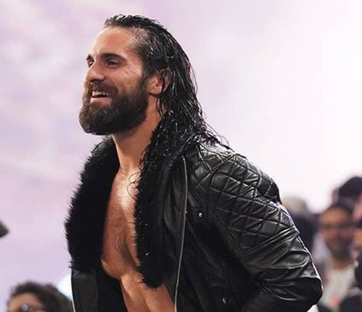 WWE Seth Rollins' stylish black leather jacket featuring a faux shearling collar in France style