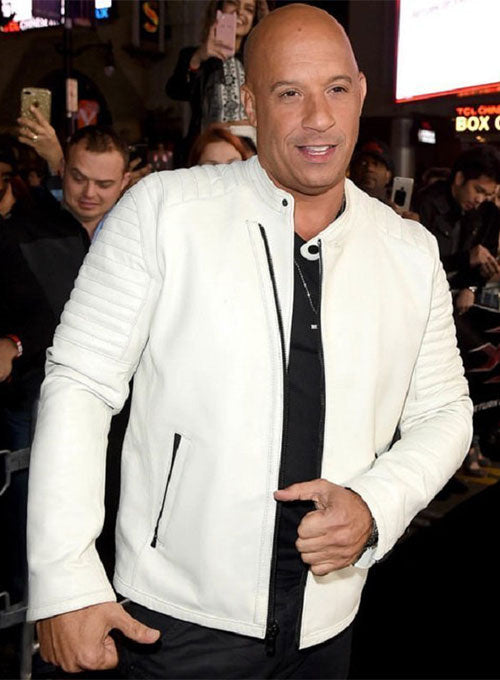 Stylish white leather jacket worn by Vin Diesel at the xXx LA Premiere in American style
