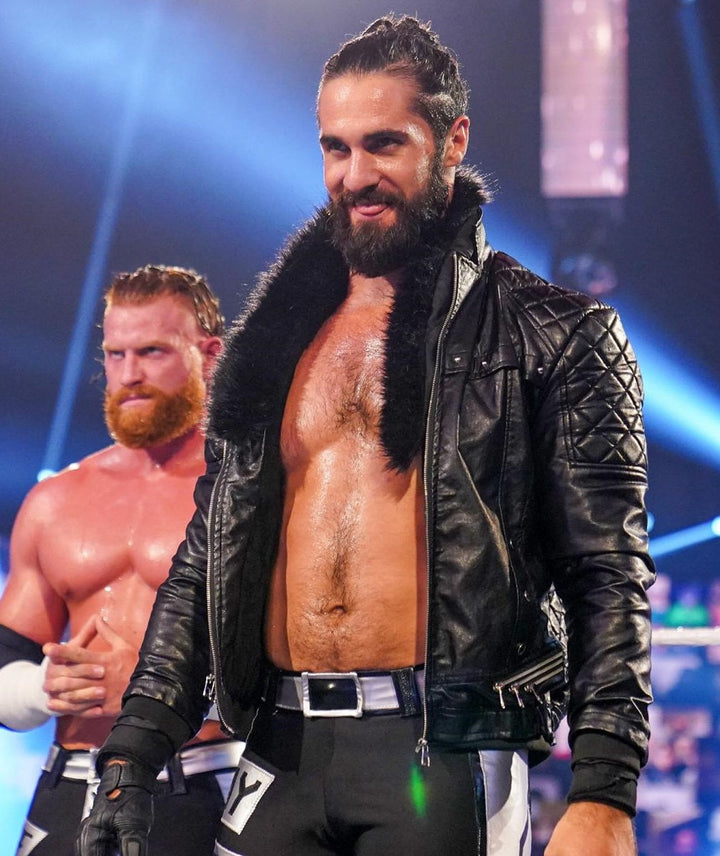 Seth Rollins' iconic black leather jacket with faux shearling collar for a trendy vibe in American style