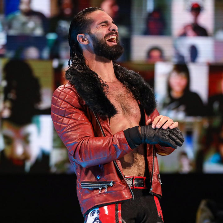 Faux shearling collar enhances the sleek look of Seth Rollins' black leather jacket in United state market