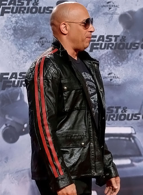 Sleek and stylish black leather jacket sported by Vin Diesel at the Fast and Furious 8 Premiere in United state market