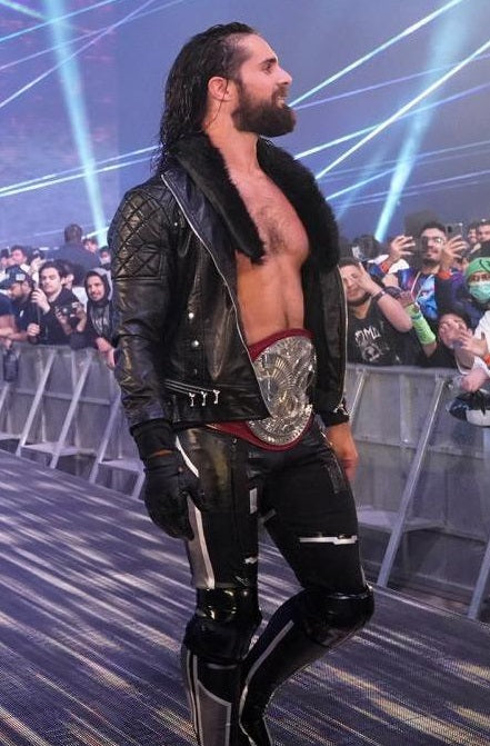 Faux shearling collar adds flair to Seth Rollins' black leather jacket in WWE in US style