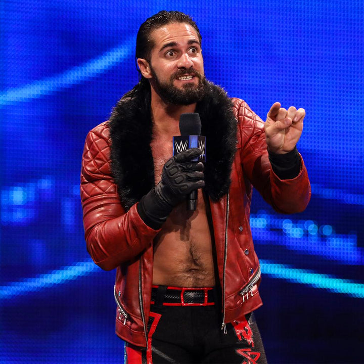 Seth Rollins' signature black leather jacket with faux shearling collar for fans of his WWE persona in German style