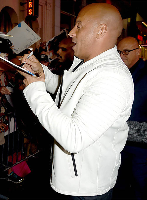 Fashion-forward white leather jacket sported by Vin Diesel at the xXx LA Premiere in United state market