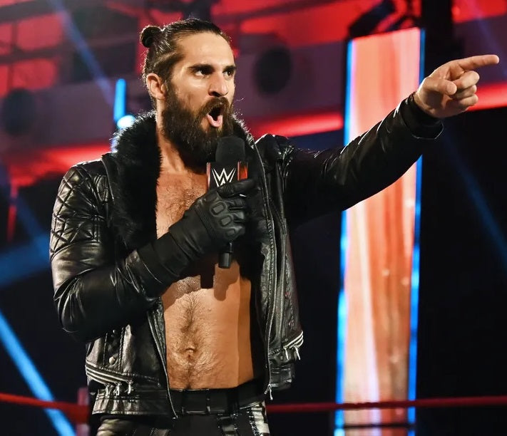 Trendy black leather jacket with faux shearling collar inspired by Seth Rollins in WWE in US style