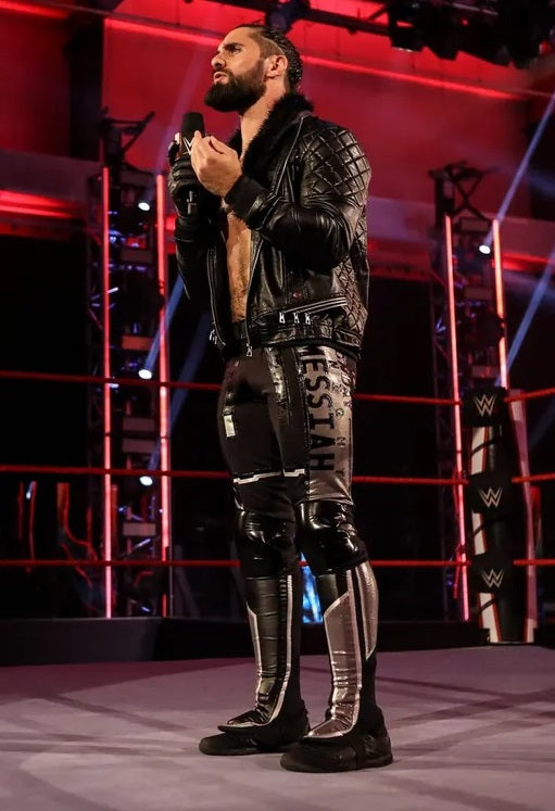 WWE Seth Rollins' black leather jacket with faux shearling collar for wrestling enthusiasts in American style