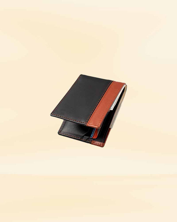 leather wallet in black and tan color in American market
