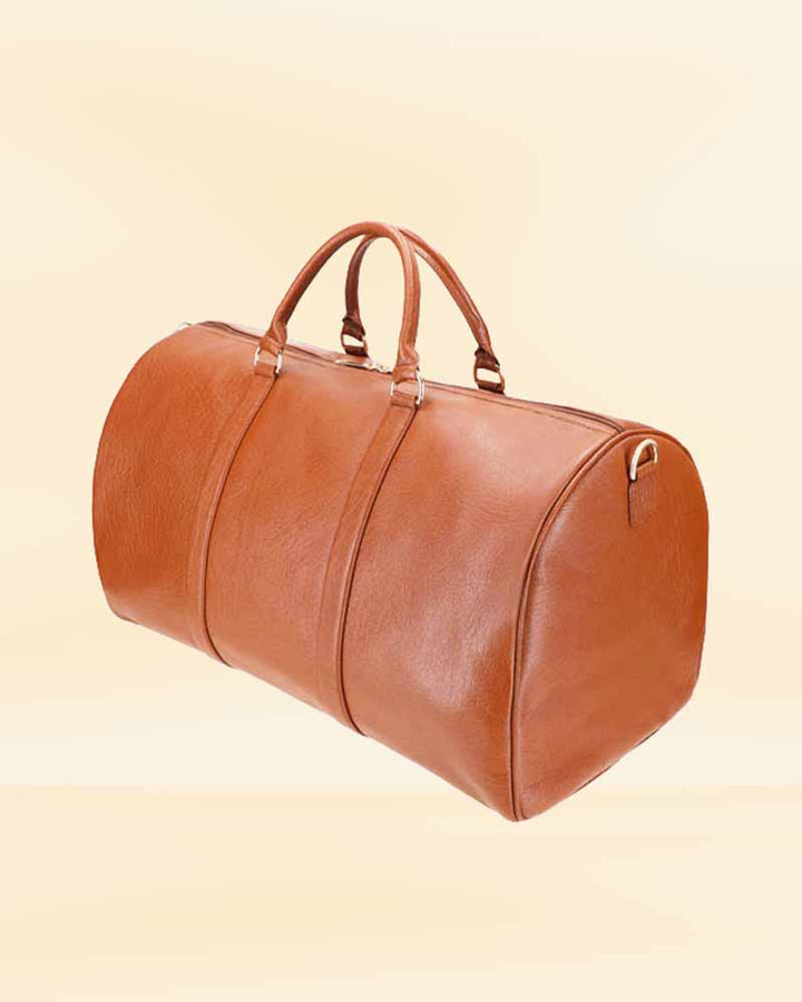 Brown Leather Travel Bag with Adjustable Strap and Handles in American style