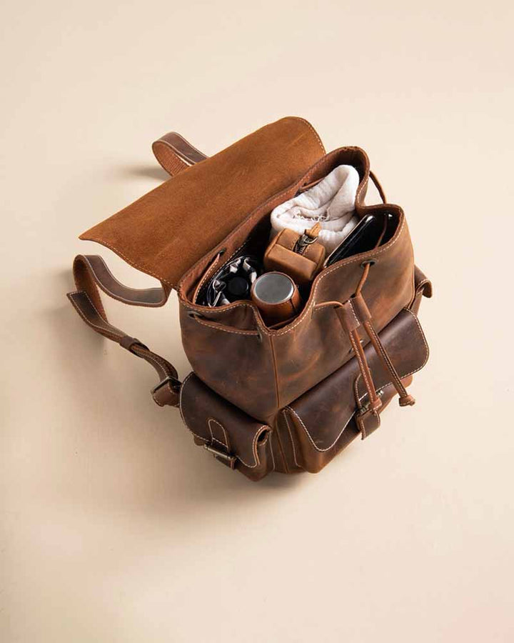 Statement Piece: Multi-Pocket Leather Backpack in America