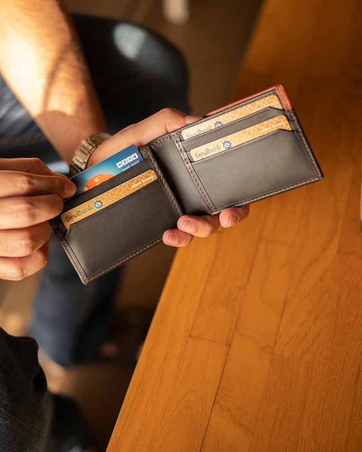 Black-tan leather wallet with RFID blocking technology in US