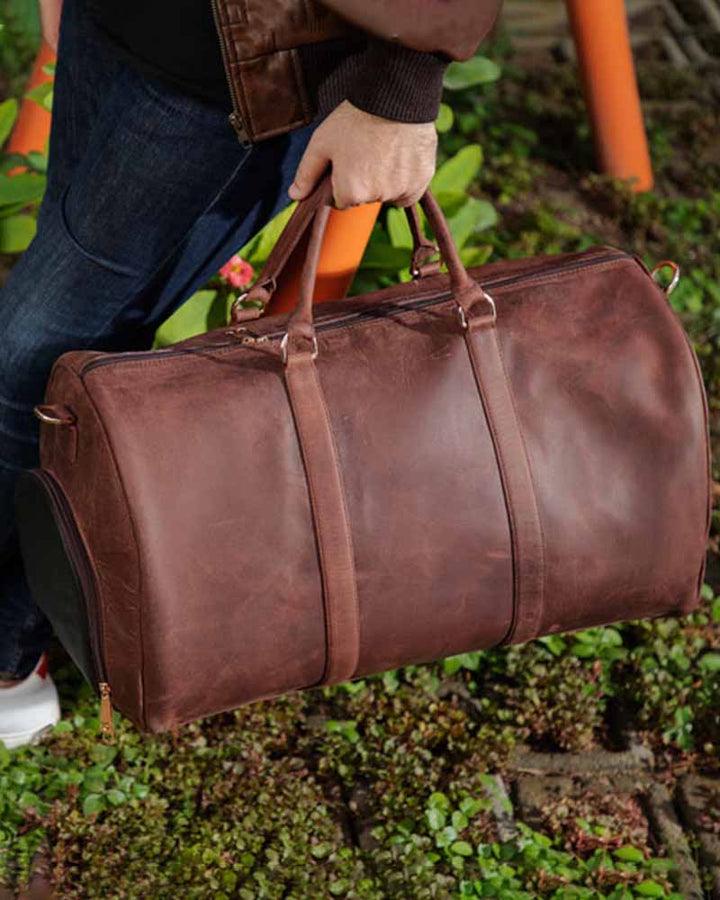 Rugged Brown Leather Duffle Bag with Multiple Pockets in US market