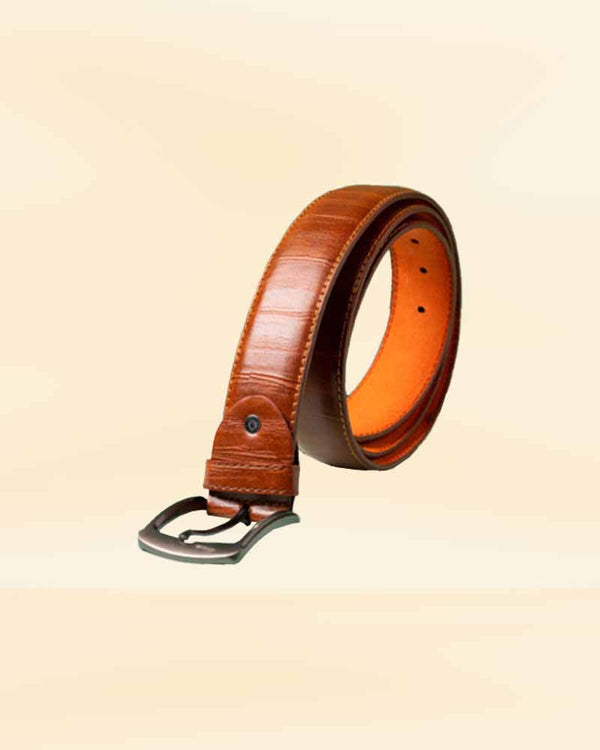 Light brown leather belt with silver buckle in American style