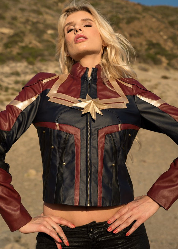 Captain Marvel Leather Jacket Worn By Brie Larson | Brie Larson Elegant Multi-tone Leather Jacket