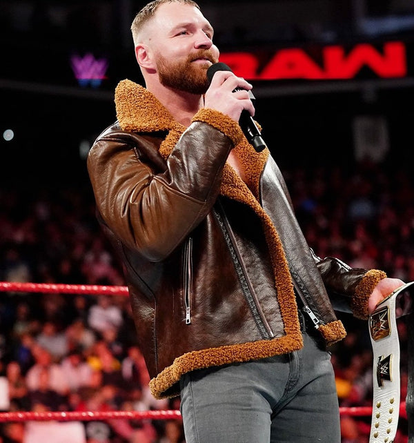 Dean Ambrose rocks a stylish faux shearling brown leather jacke in USA market