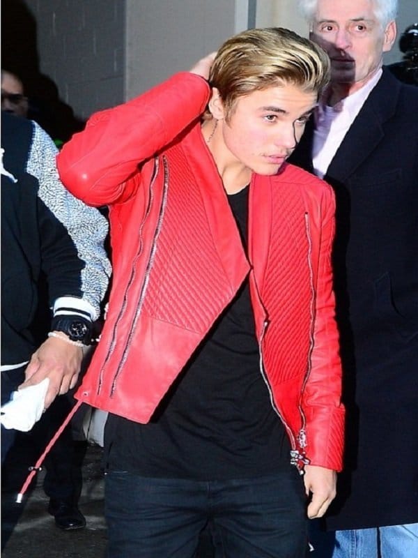 Justin Bieber donning a stylish red sheep leather jacket in USA market