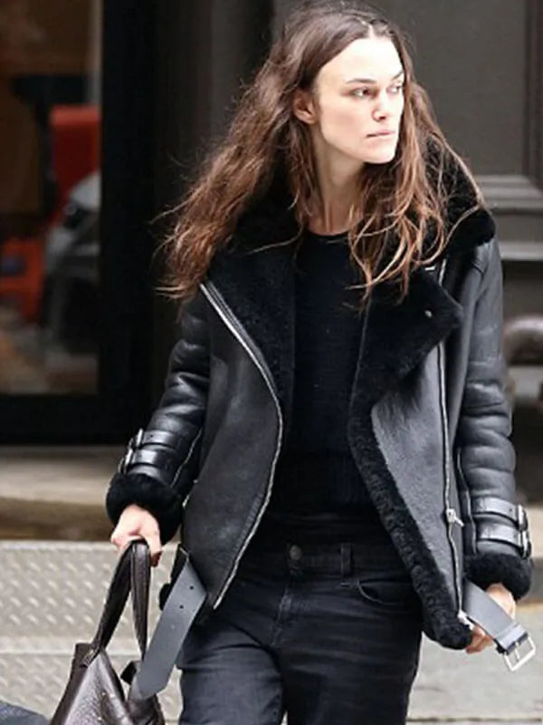 Women's black leather jacket with shearling collar worn by Keira Knightley in US market