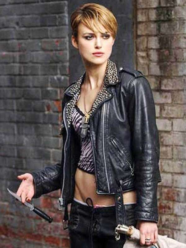 Keira Knightley's premium leather jacket front view in American style