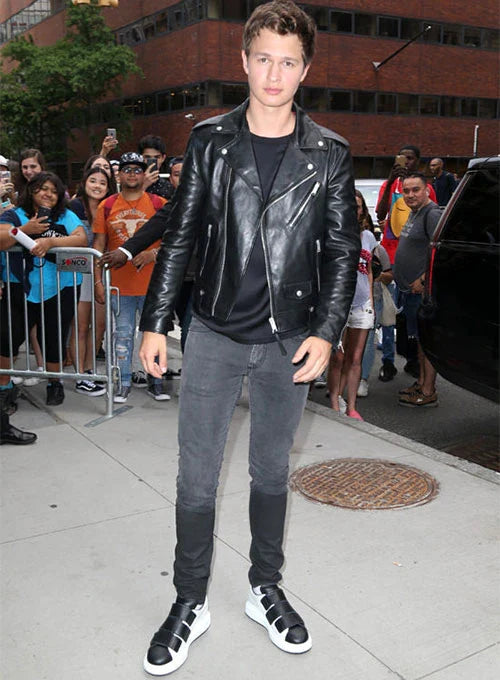 Ansel Elgort Black Leather Jacket in USA market