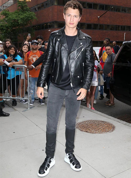 Ansel Elgort's fashionable leather jacket, perfect for any occasion in USA market