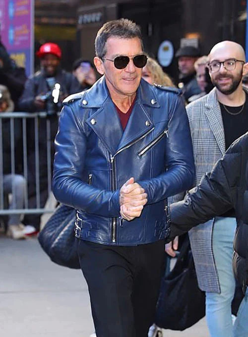 Antonio Banderas dons a classic leather jacket in American market