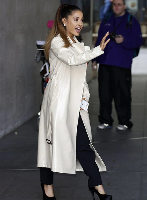 Elegant Long Leather Coat Worn by Ariana Grande in UK