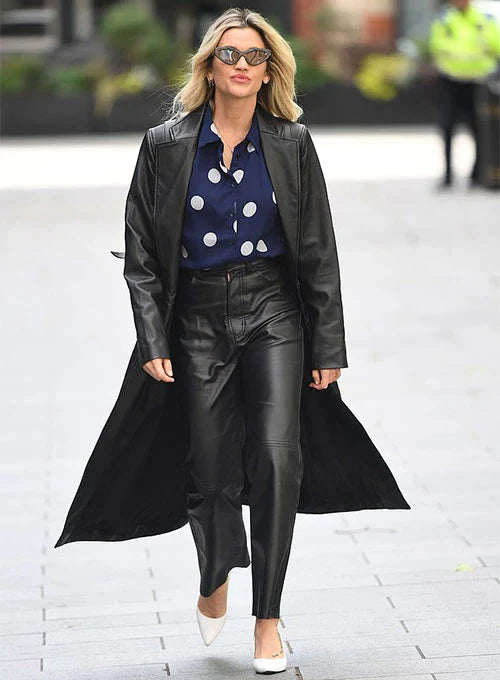 Stylish Black Leather Long Coat Worn by Ashley Roberts