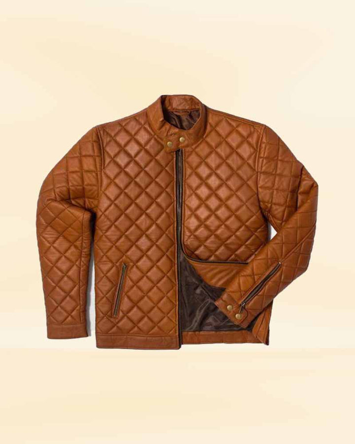 black leather jacket with diamond quilted pattern