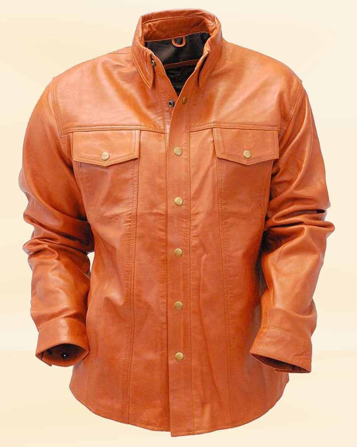 The unique distressed finish of our Waxy Distressed Light Brown Leather Shirt, ideal for the American consumer