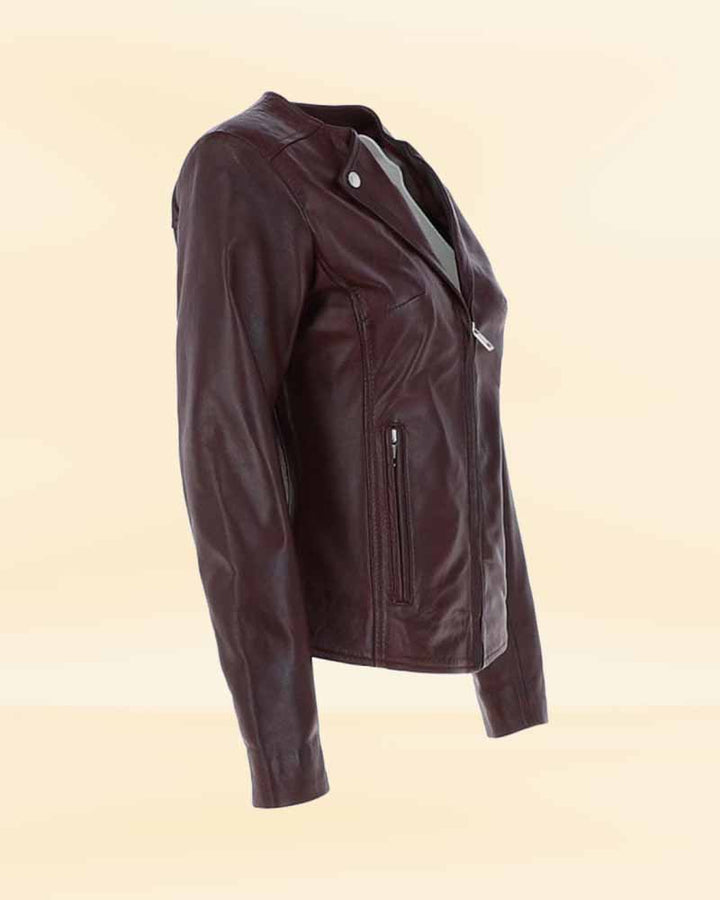 Durable women's leather biker jacket in burgundy built for speed and style