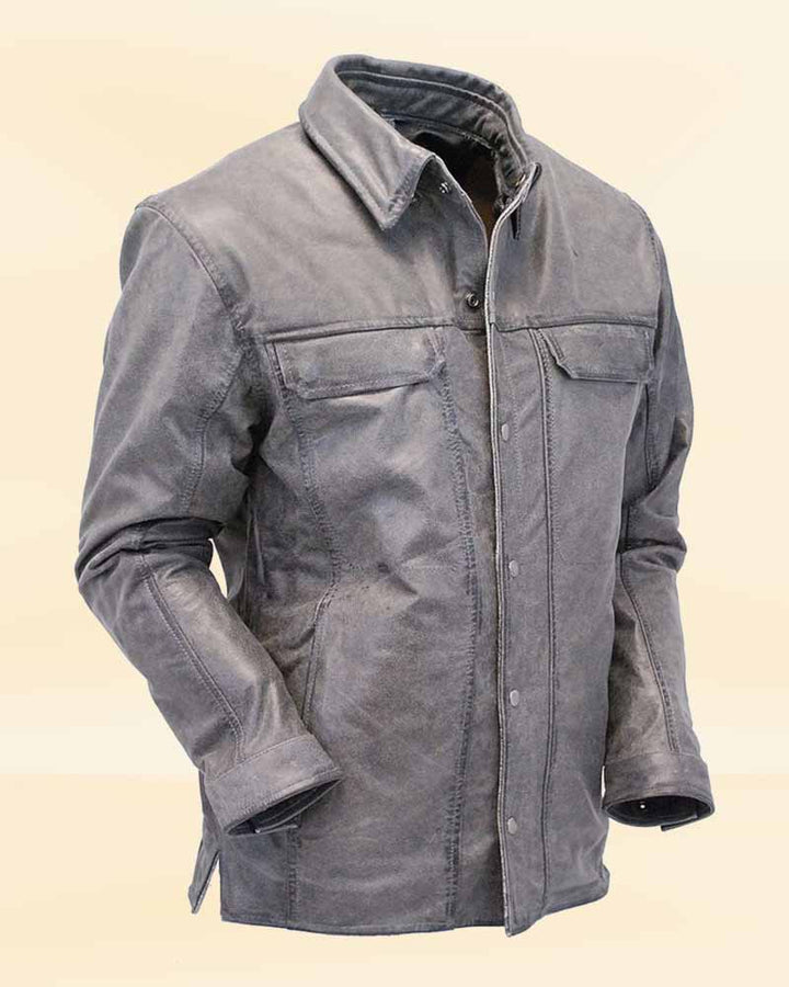 The added convenience of concealed pockets on our Men's Vintage Gray Leather Shirt, ideal for the American consumer