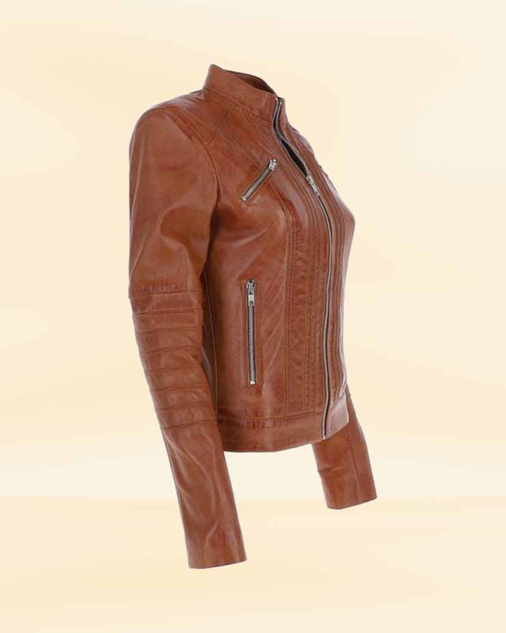 Tan leather biker jacket for women