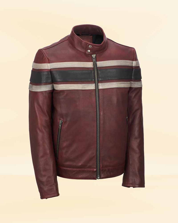 Elegant brown men's leather jacket with front chest double layer for a sleek look