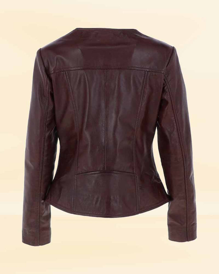Elegant women's leather biker jacket in burgundy for a sleek look