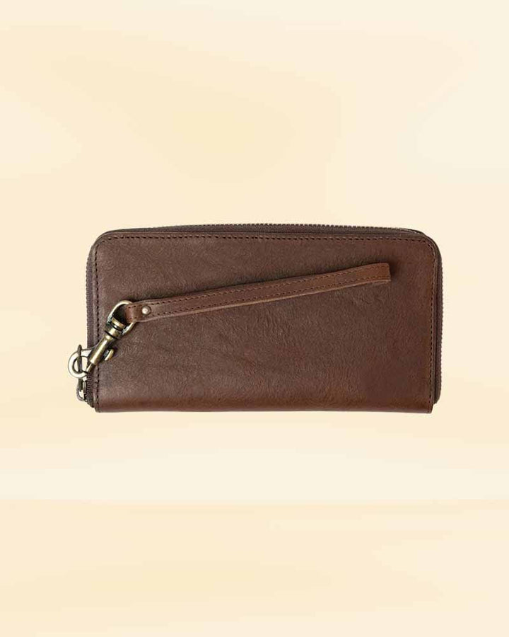 The interior of our Madison leather wristlet wallet, designed to keep your items organized and secure for the American market
